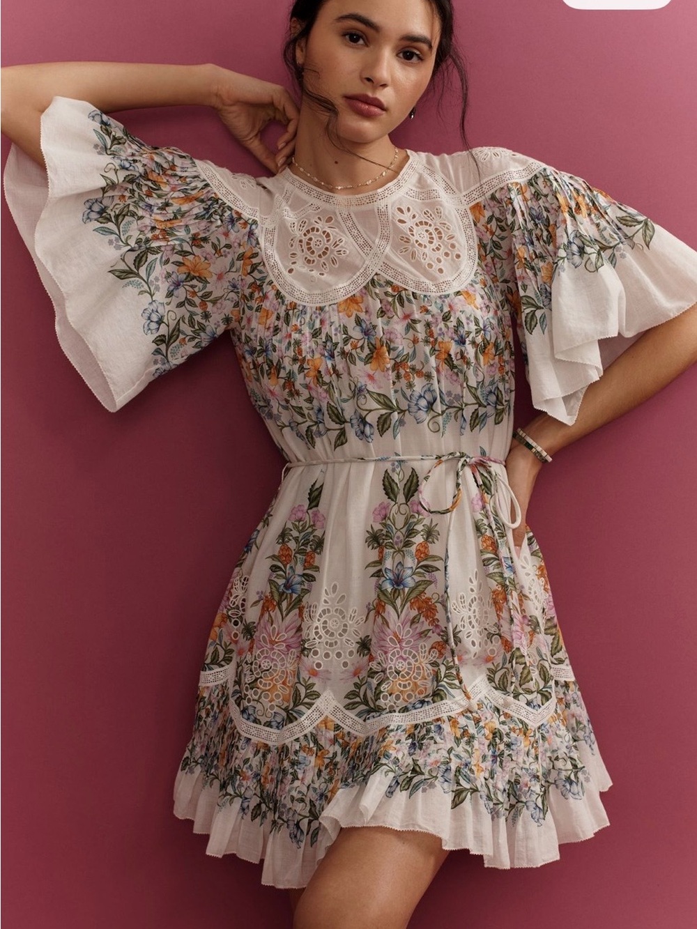 NWT FARM Rio White Floral Eyelet Tie-Waist Mini Dress - Picture 3 of 9